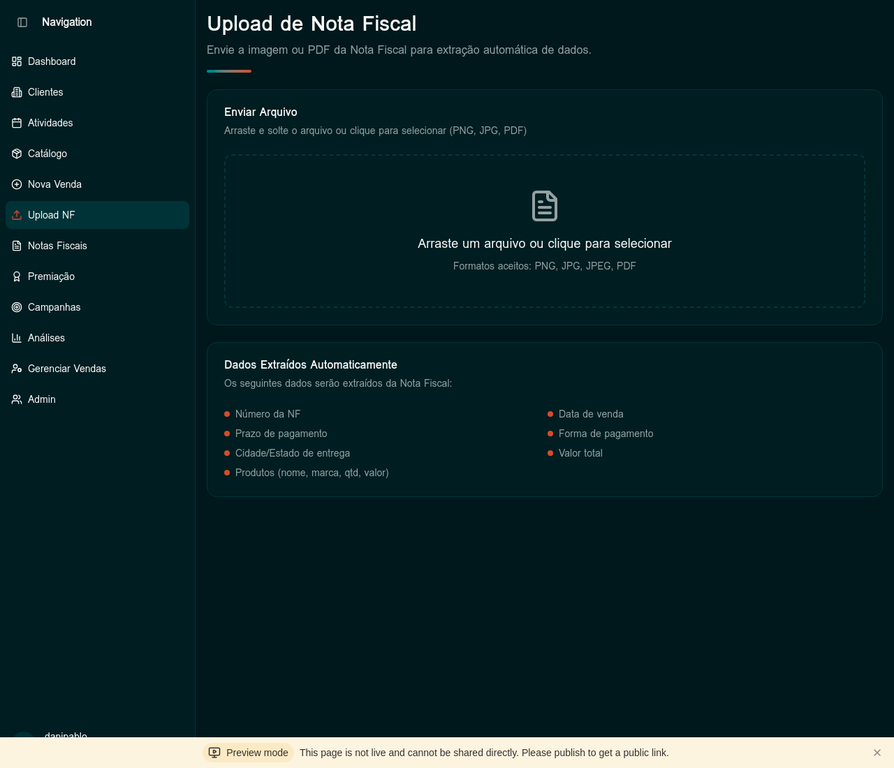 Tela de upload de nota fiscal com extração automática